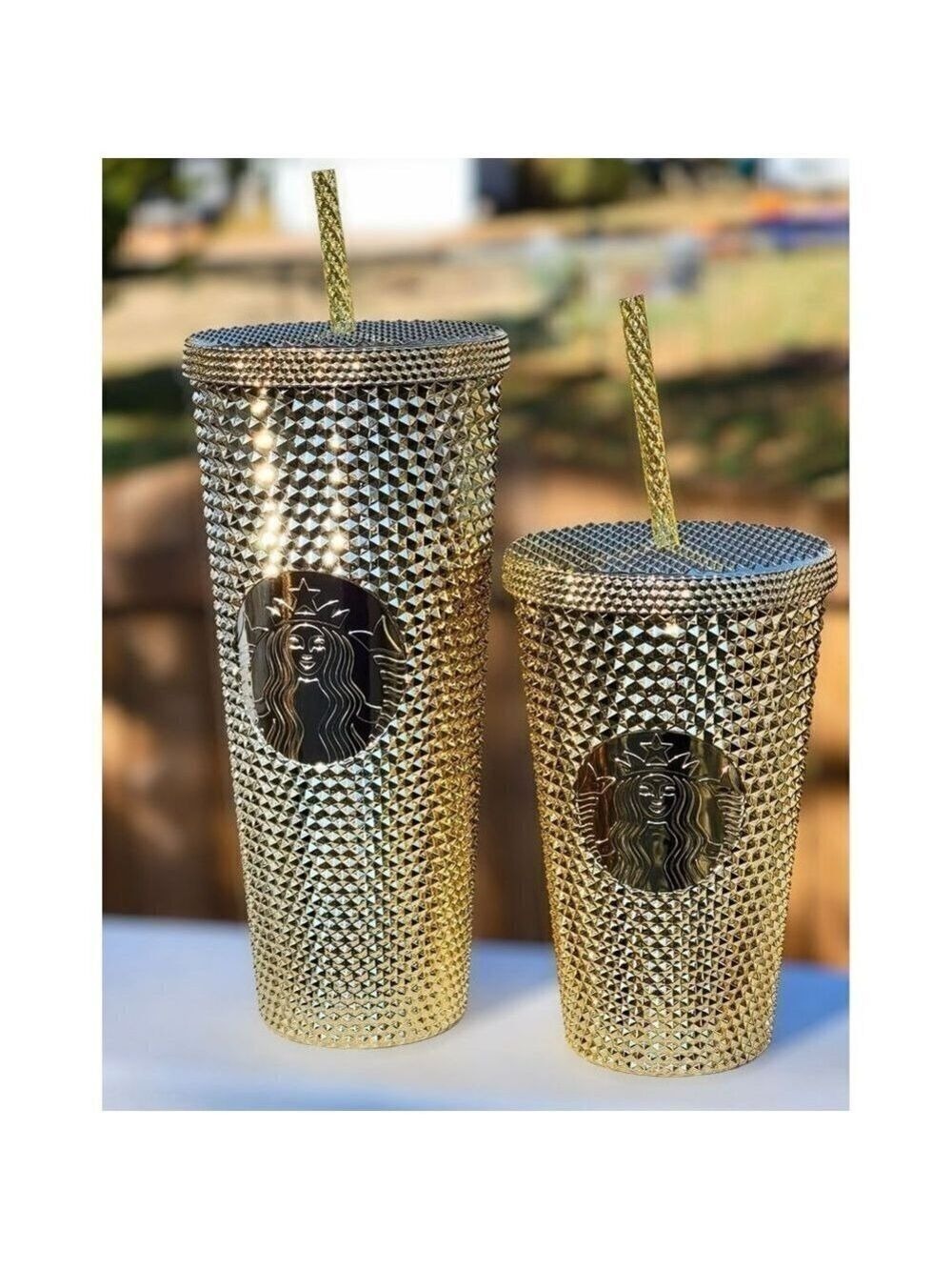 𝅺STARBUCKS Holiday Set 2022 Chrome Studded Gold Cups Venti & Grande